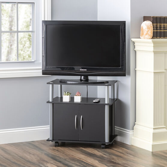 Home Basics Rolling Wood TV Stand with Cabinet Black, , alternate image number null
