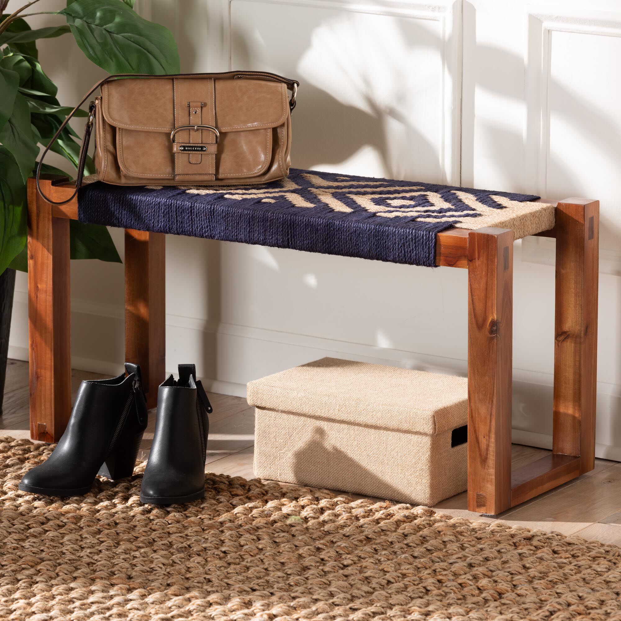 Prunella Modern Bohemian Two-Tone Navy Blue and Natural Brown Seagrass and Acacia Wood Accent Bench, BLUE, alternate image number 7