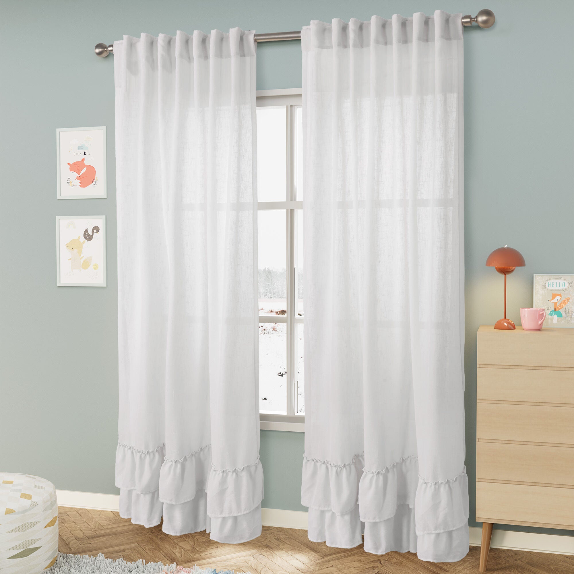 Linen Texture Double Ruffle Back Tab Curtain Pair, PALE CORAL, alternate image number 2