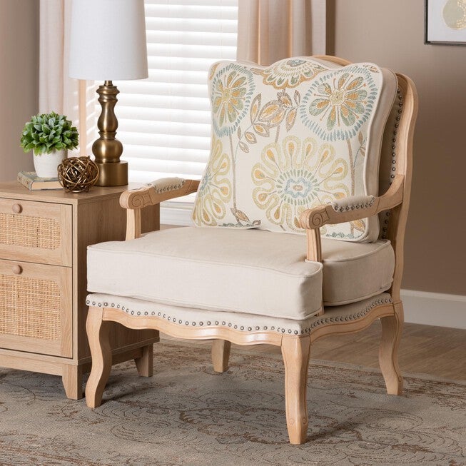 Andre Traditional French Quilted Fabric And Whitewash Finished Wood Accent Chair, , alternate image number null