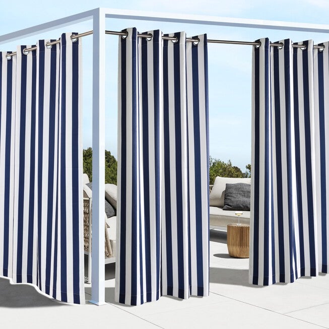 Outdoor Decor Coastal Stripe Outdoor Single Grommet Curtain Panel, NAVY, hi-res image number 0