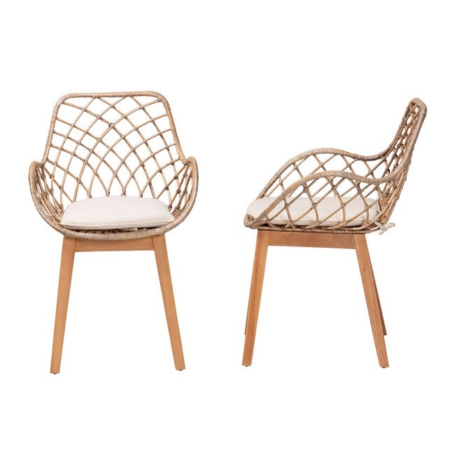 Ballerina Modern Bohemian Greywashed Rattan And Natural Brown Finished Wood 2-Piece Dining Chair Set, , alternate image number 2