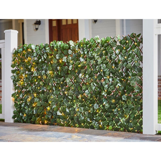 Pre-Lit Expandable Faux Leaf Privacy Screen, GREEN, hi-res image number 0