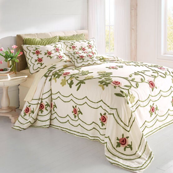 Samantha Oversized Chenille Bedspread, IVORY GREEN, hi-res image number null