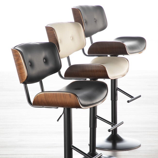 Lombardi Mid-Century Modern Adjustable Barstool In Walnut With Faux Leather Upholstery, , alternate image number null