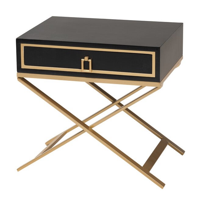 Lilibet Modern Glam And Luxe Black Finished Wood And Gold Metal 1-Drawer End Table, BLACK GOLD, hi-res image number 0