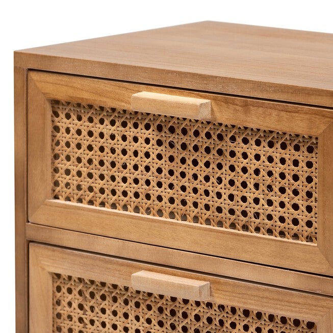 Baden Mid-Century Modern Walnut Brown Finished Wood 2-Drawer Nightstand With Rattan, , alternate image number null