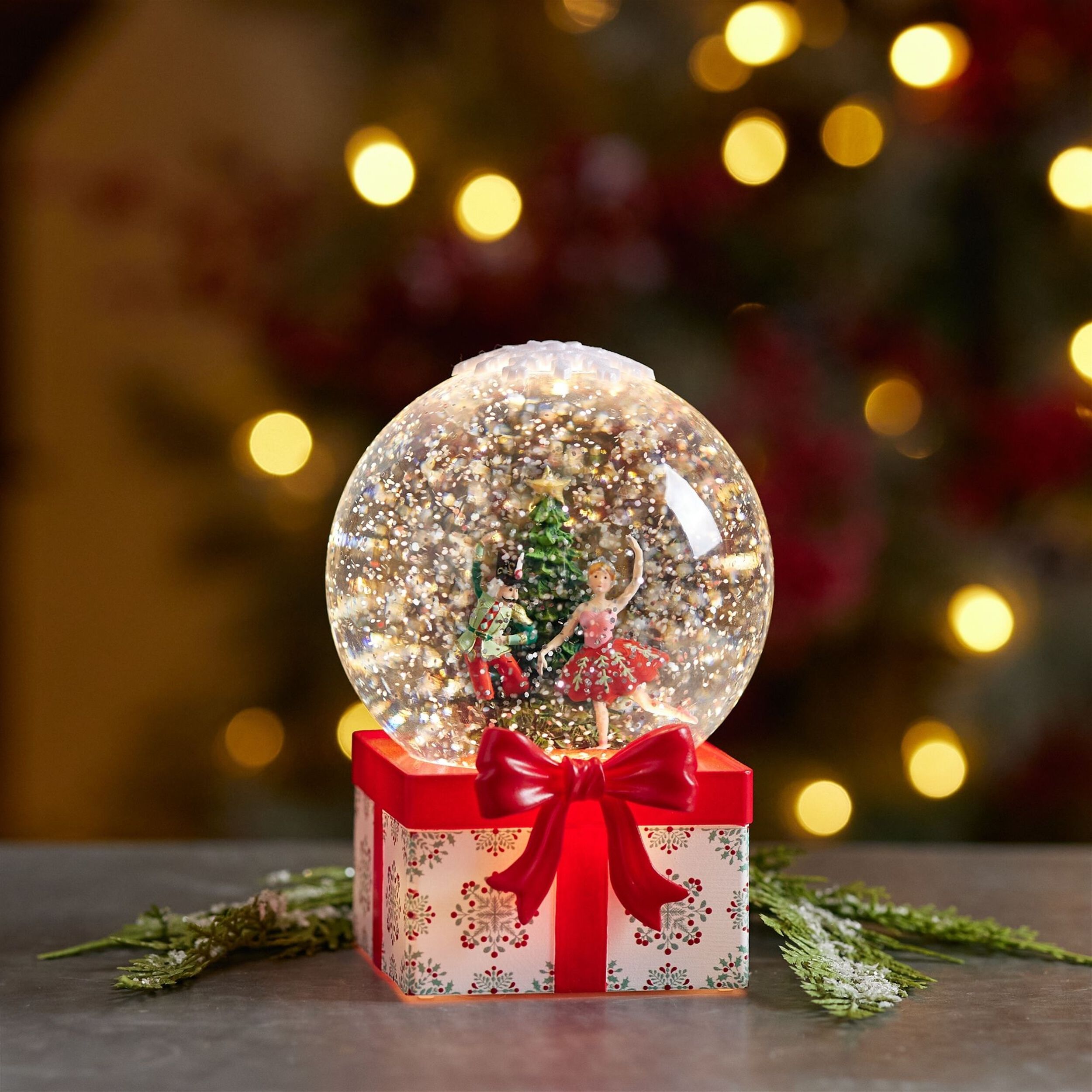 LED Nutcracker and Ballerina Snow Globe 6.5 inchesH, RED, alternate image number 1