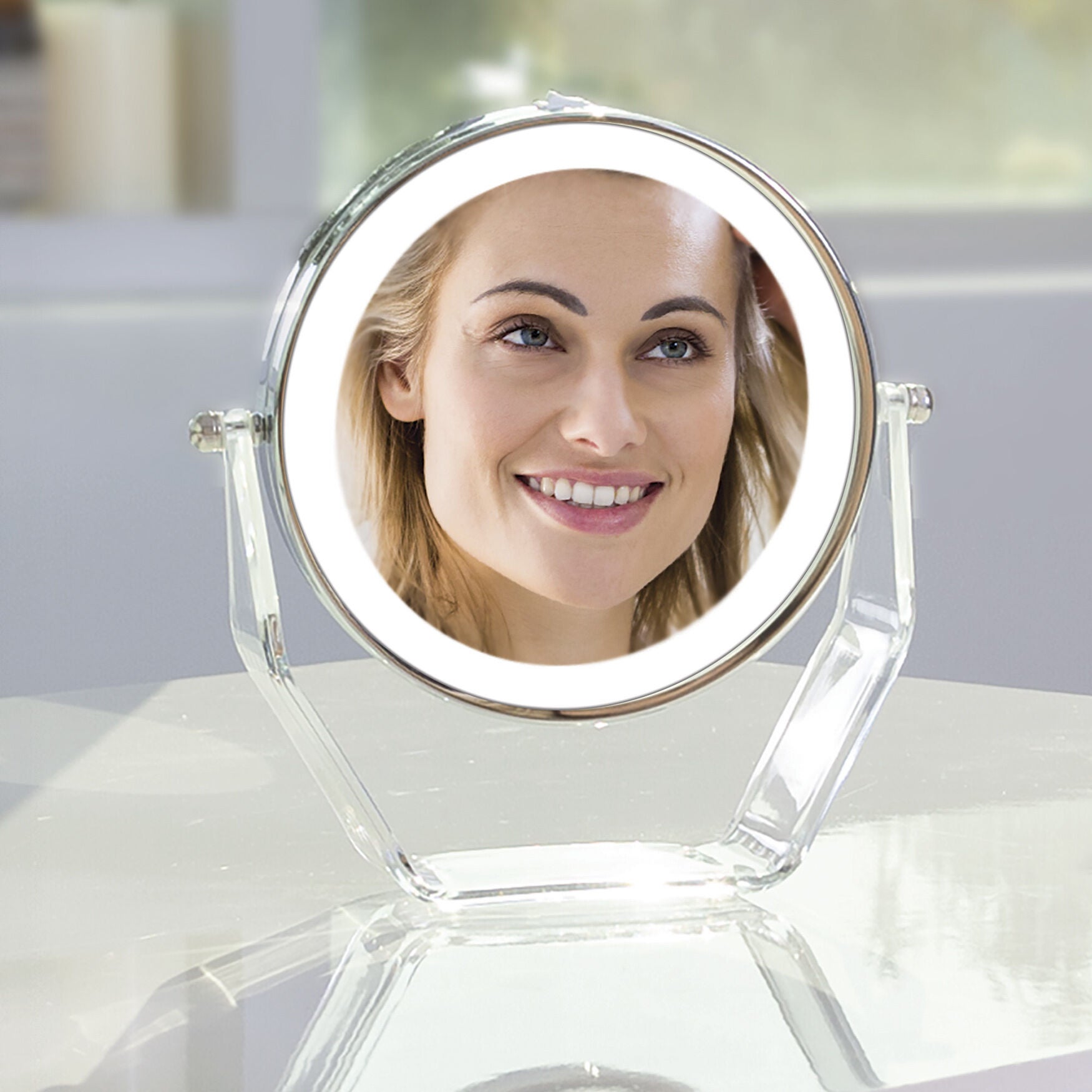 Two-Sided LED Lighted Vanity Swivel Mirror in Acrylic Base, 8X/1X, , alternate image number 3