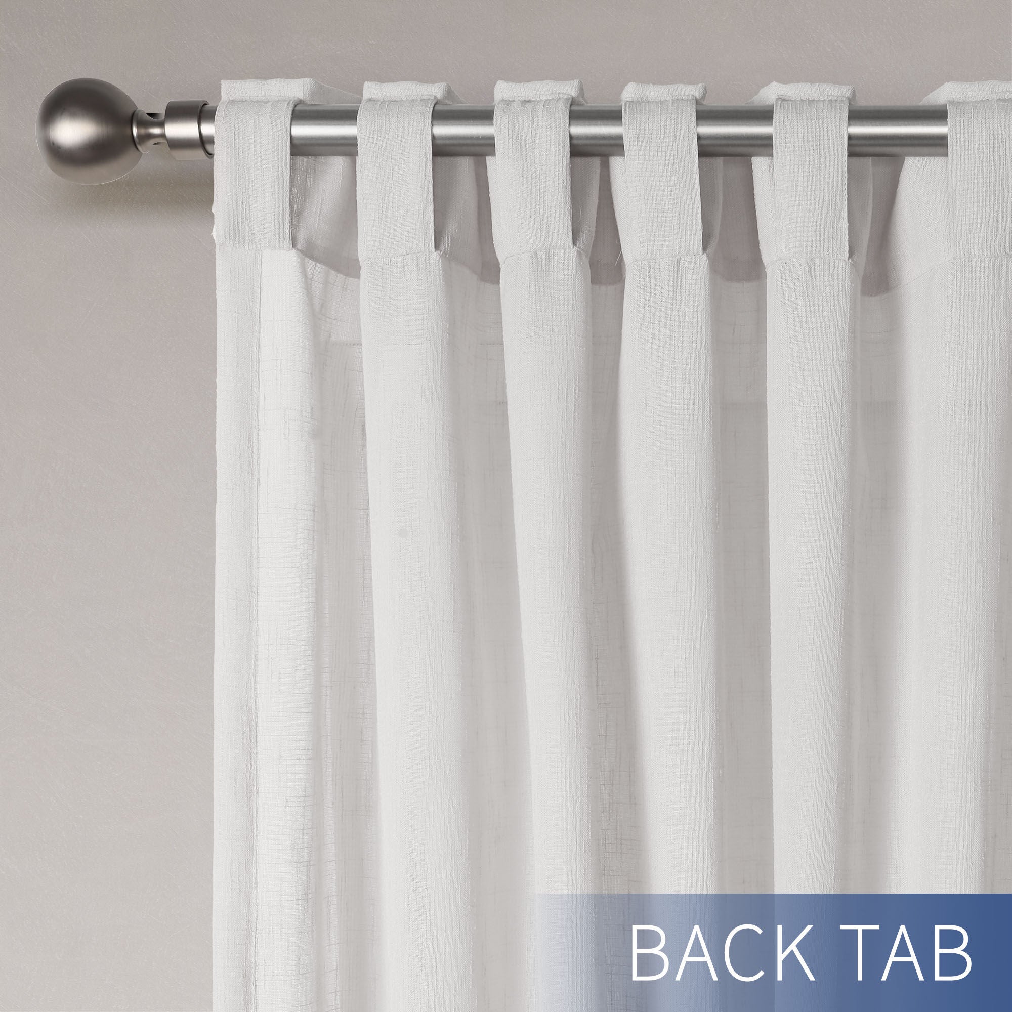 Linen Texture Double Ruffle Back Tab Curtain Pair, WHITE, on-hover image number 1