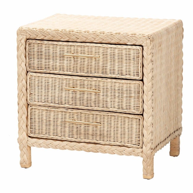 Lanica Japandi Sun Bleached Rattan 3-Drawer Nightstand, PALE, alternate image number 1