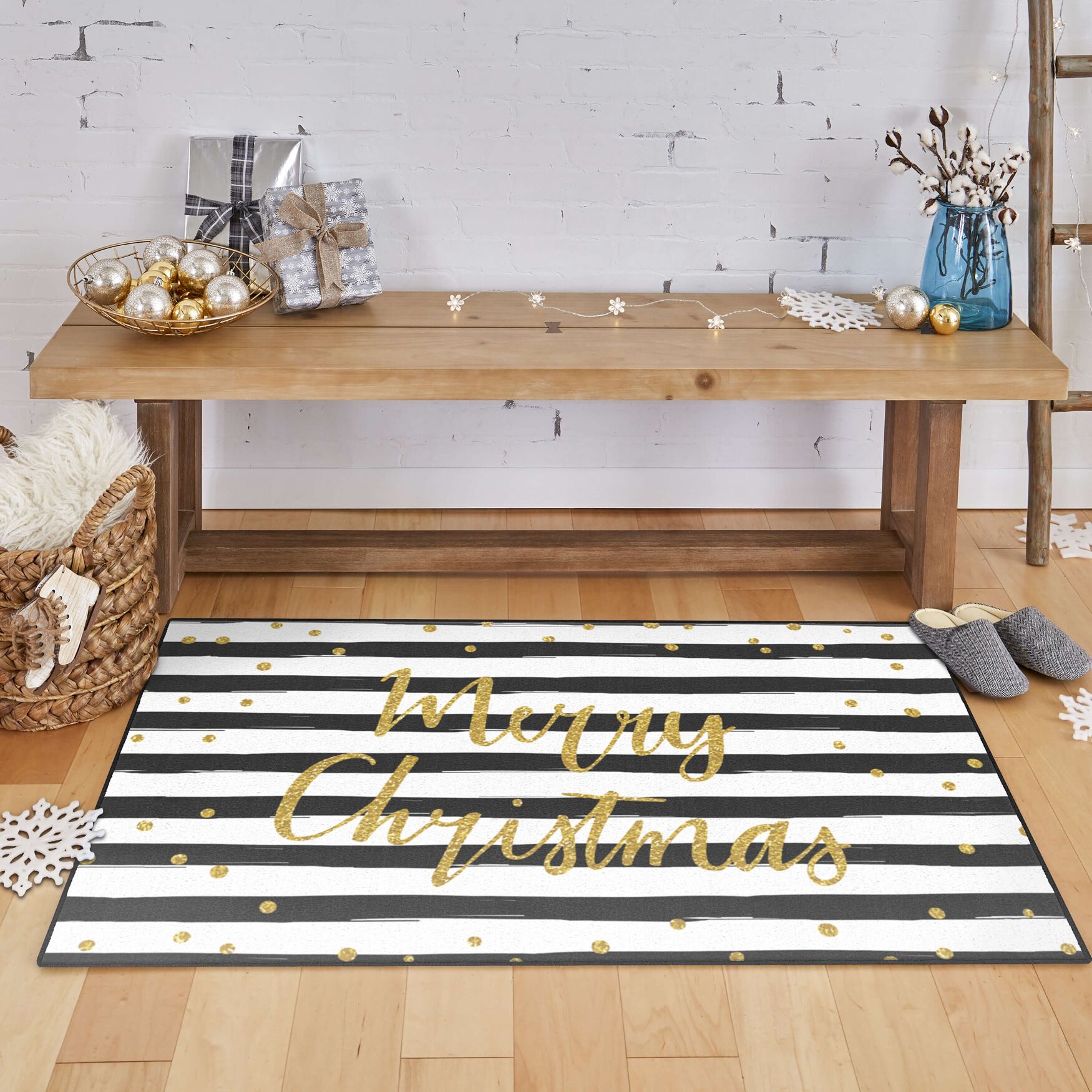 Christmas Stripe Black/White Kitchen Rug, , alternate image number 3