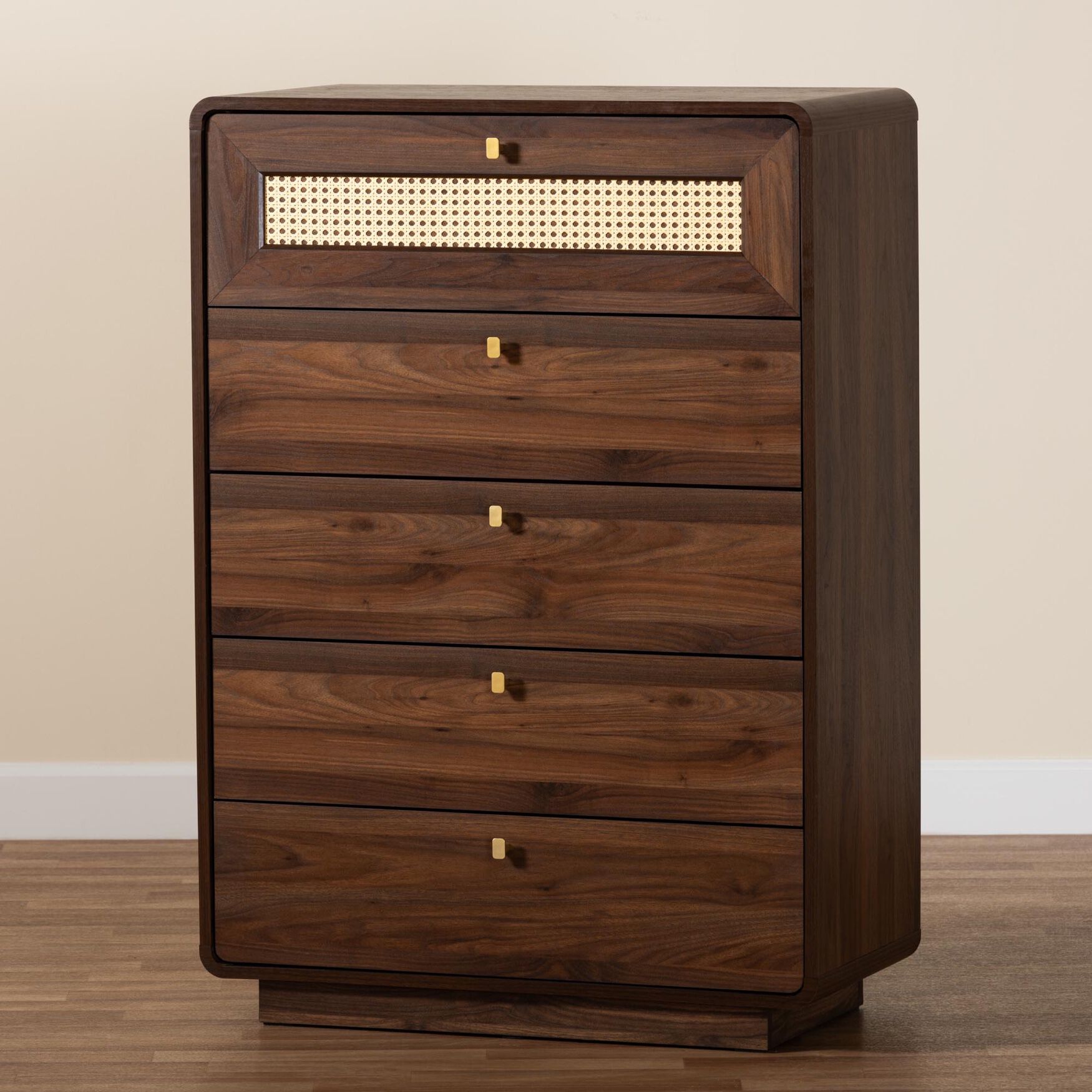 Jenibelle Classic Walnut Brown Wood 5-Drawer Chest with Rattan Drawer, , alternate image number 14