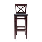 Front view of bar stool with X-back and cushioned seat.