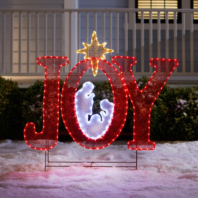 45 inchesH Pre-Lit "Joy" Sign with Holy Family, RED WHITE GOLD, hi-res image number null
