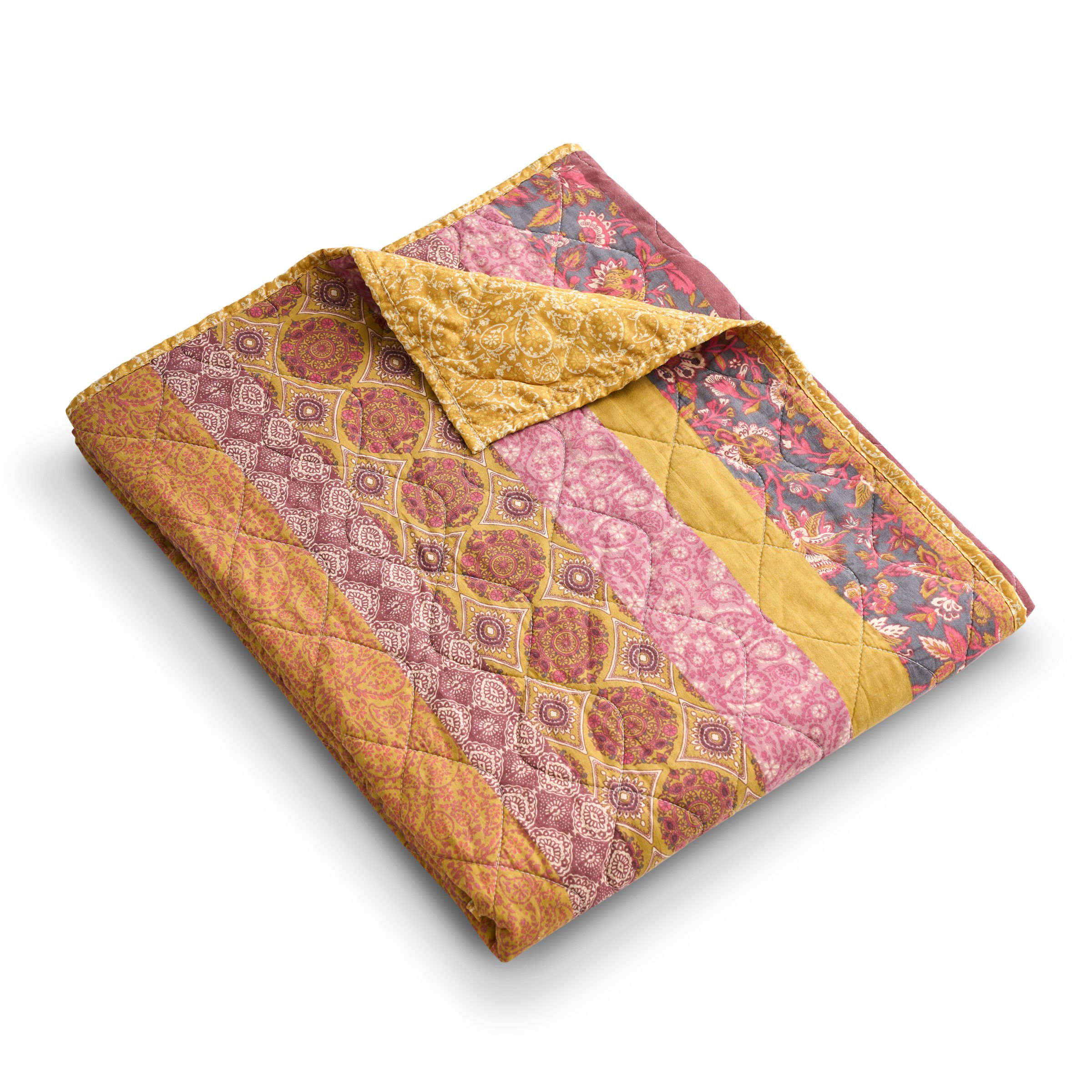 Marigold Floral Patchwork Stripes Quilted Throw Blanket, SUNSET, alternate image number 4