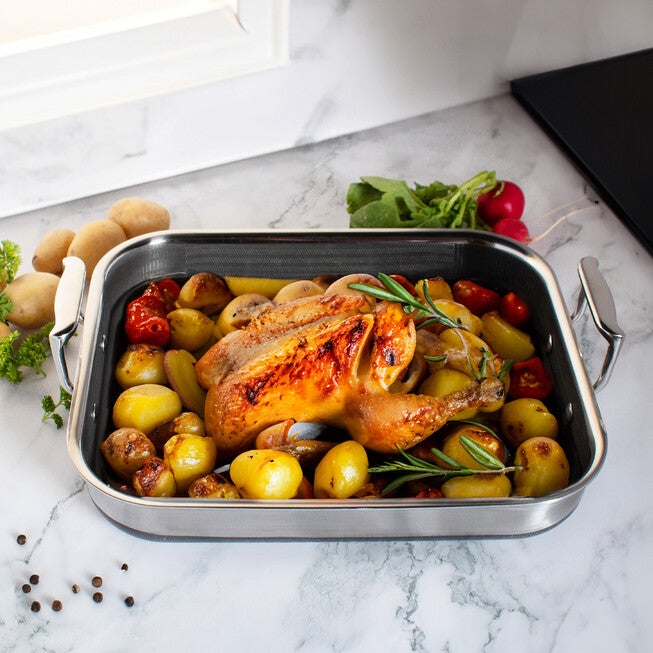 LIVWELL DiamondClad™ 14-inch Hybrid Nonstick Stainless Steel Roasting Pan with Basket, Dishwasher Safe, PFOA-free – Silver/Black, SILVER, on-hover image number null
