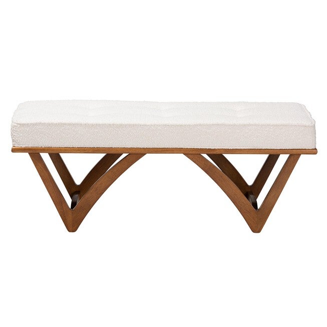 Chenoa Japandi Cream Boucle Fabric And Walnut Brown Finished Wood Bench, , on-hover image number 1
