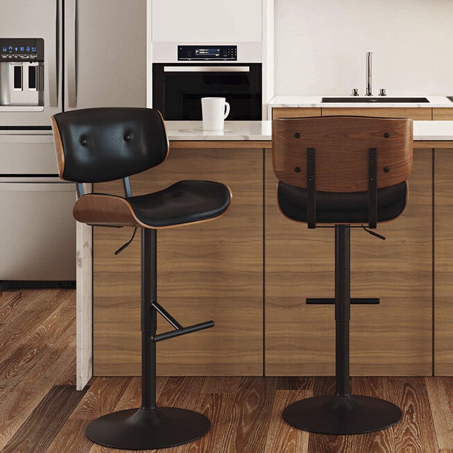 Lombardi Mid-Century Modern Adjustable Barstool In Walnut With Faux Leather Upholstery, , alternate image number null
