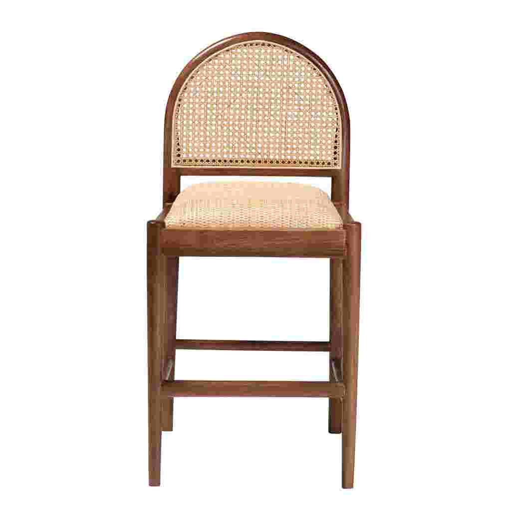 A wooden counter stool with a woven cane back and seat, shown against a white background.