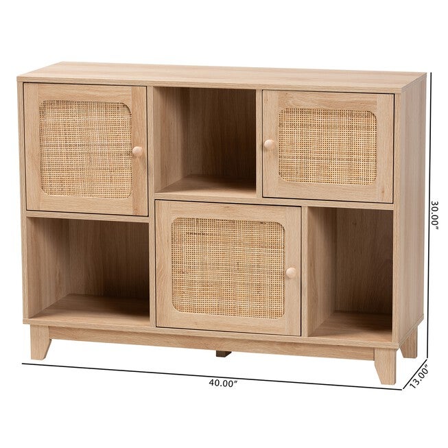 Elsbeth Mid-Century Modern Light Brown Finished Wood And Natural Rattan 3-Door Sideboard, , alternate image number null