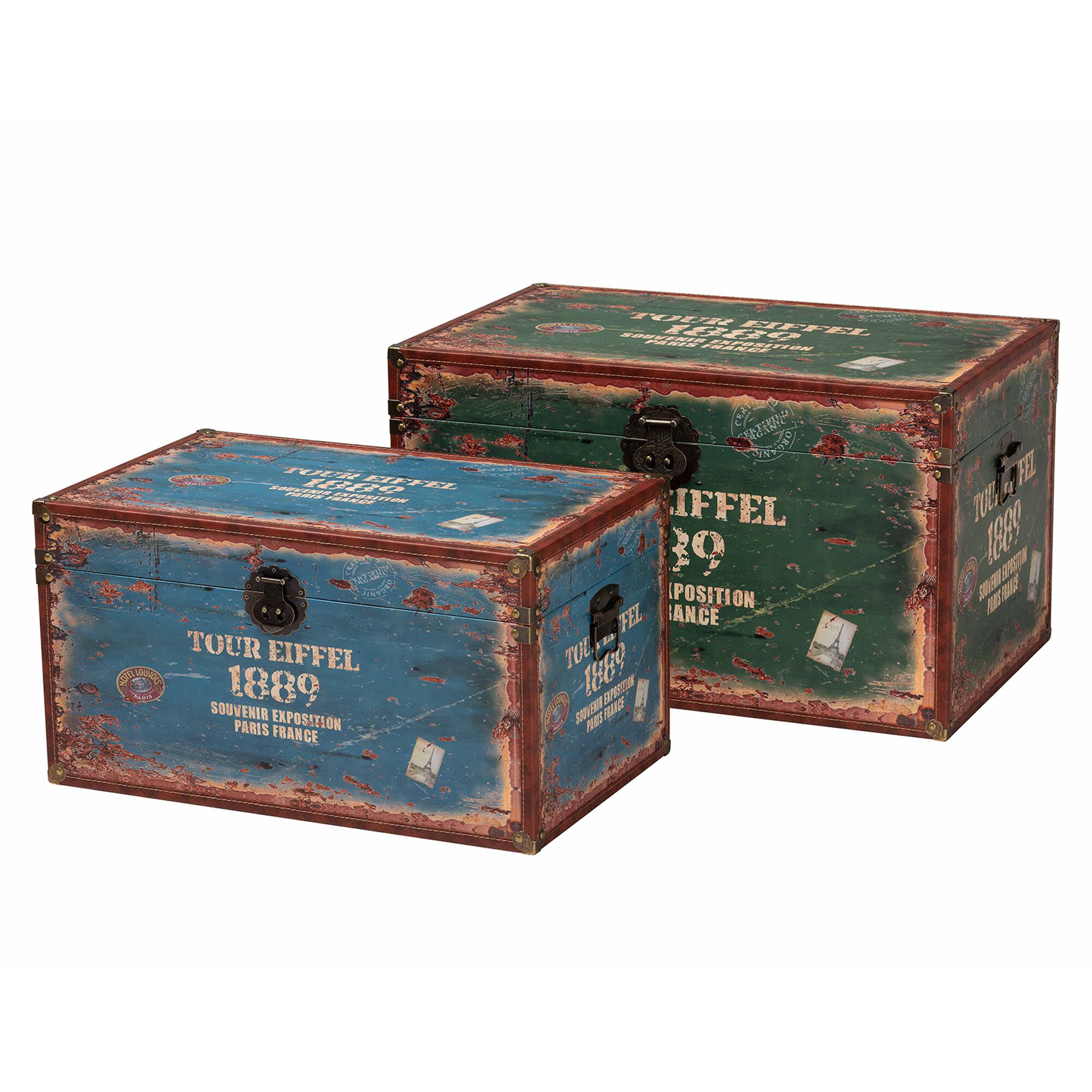 Sabeen Vintage Parisian Faux Leather and Wood 2-Piece Storage Trunk Set, GREEN, alternate image number 1