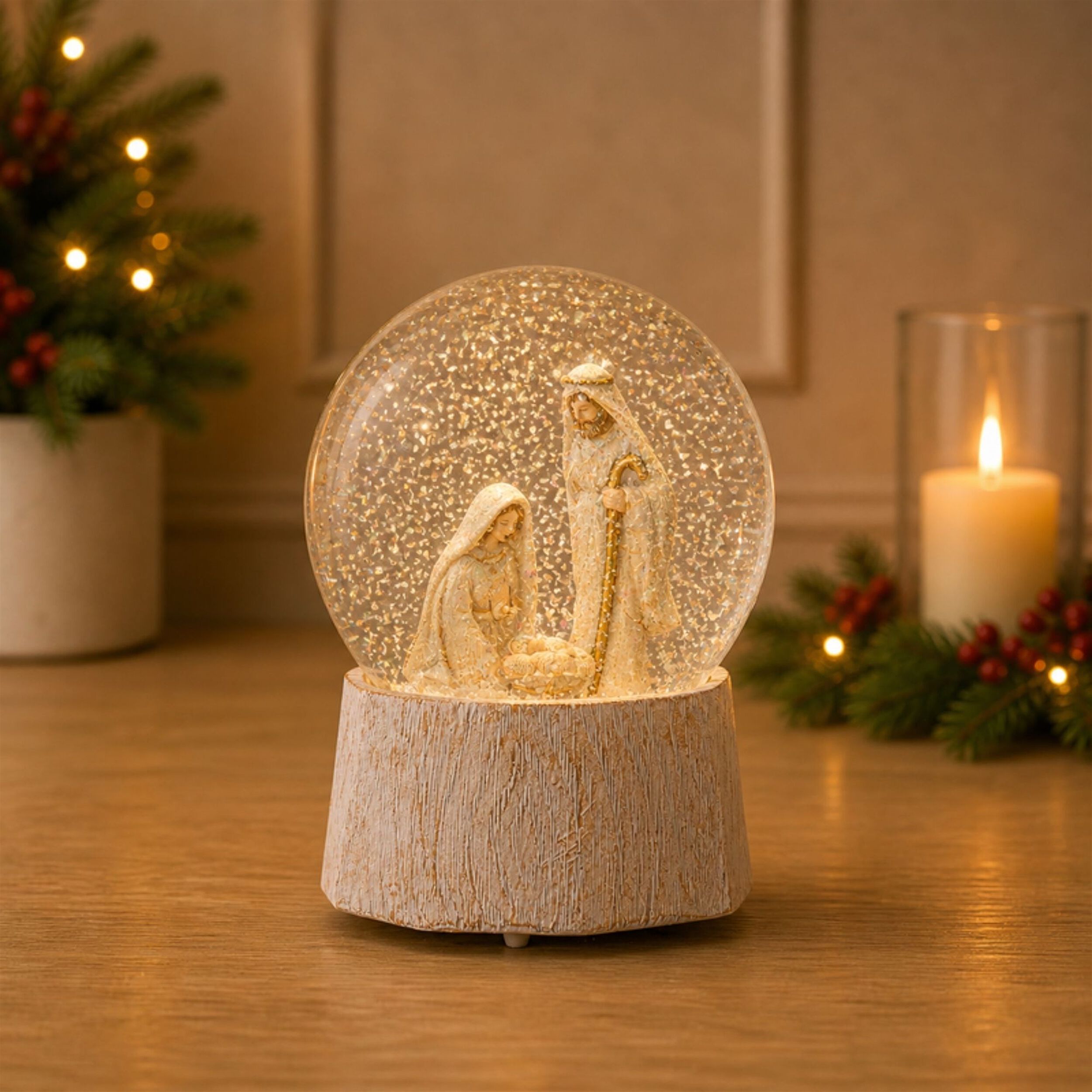 Musical Nativity Scene Snow Globe 5.75 inchesH, WHITE BEIGE, alternate image number 3