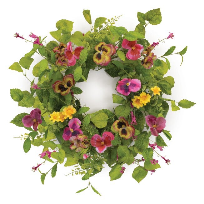 Mixed Pansy Floral Candle Ring 16 inchesD, GREEN/PINK, alternate image number null