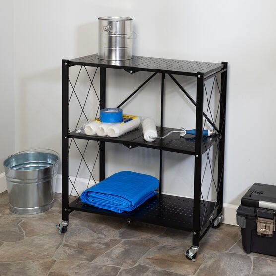 3-Tier Metal Folding Shelf on Wheels, BLACK, hi-res image number null