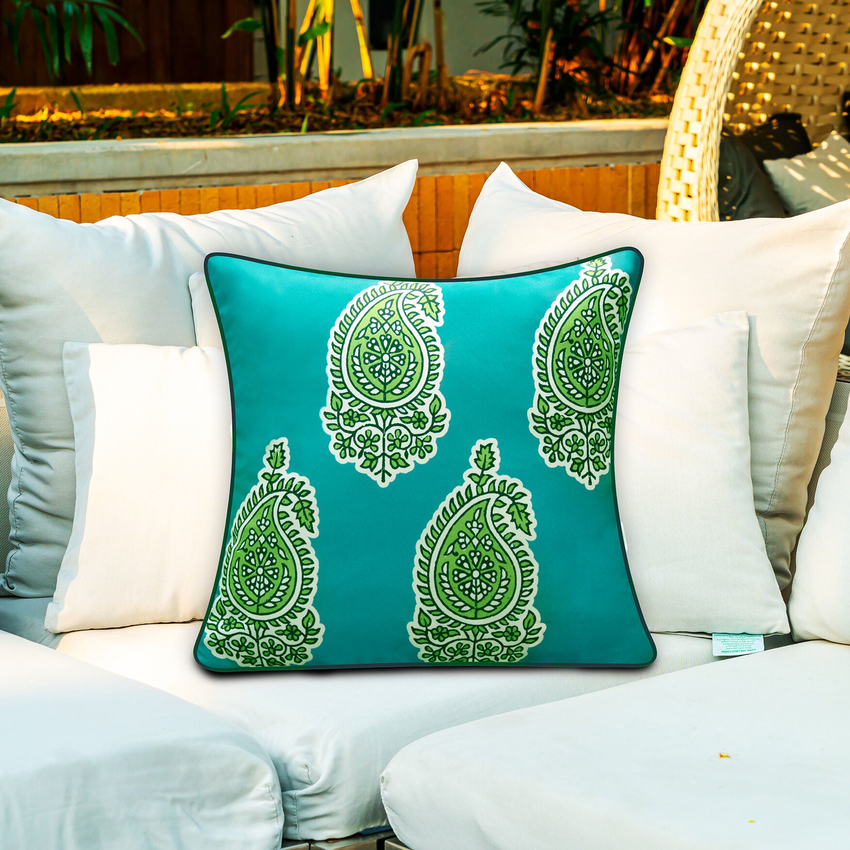 Indoor/Outdoor Reversible Jaipur Print Decorative Throw Pillow 18X18, Turq/Leaf, , alternate image number 2