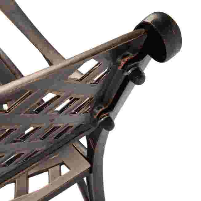 Close-up of the leg and frame connection of the antique bronze patio bench