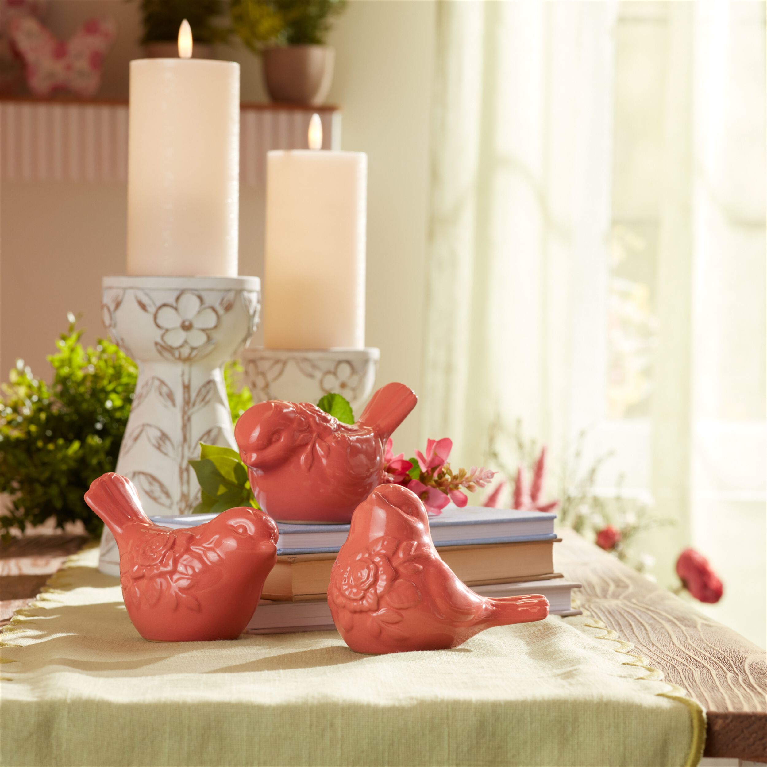 Ceramic Floral Bird Figurine Set of 6, PINK, alternate image number 1