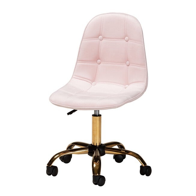 Kabira Contemporary Glam And Luxe Blush Pink Velvet Fabric And Gold Metal Swivel Office Chair, BLUSH PINK GOLD, hi-res image number null