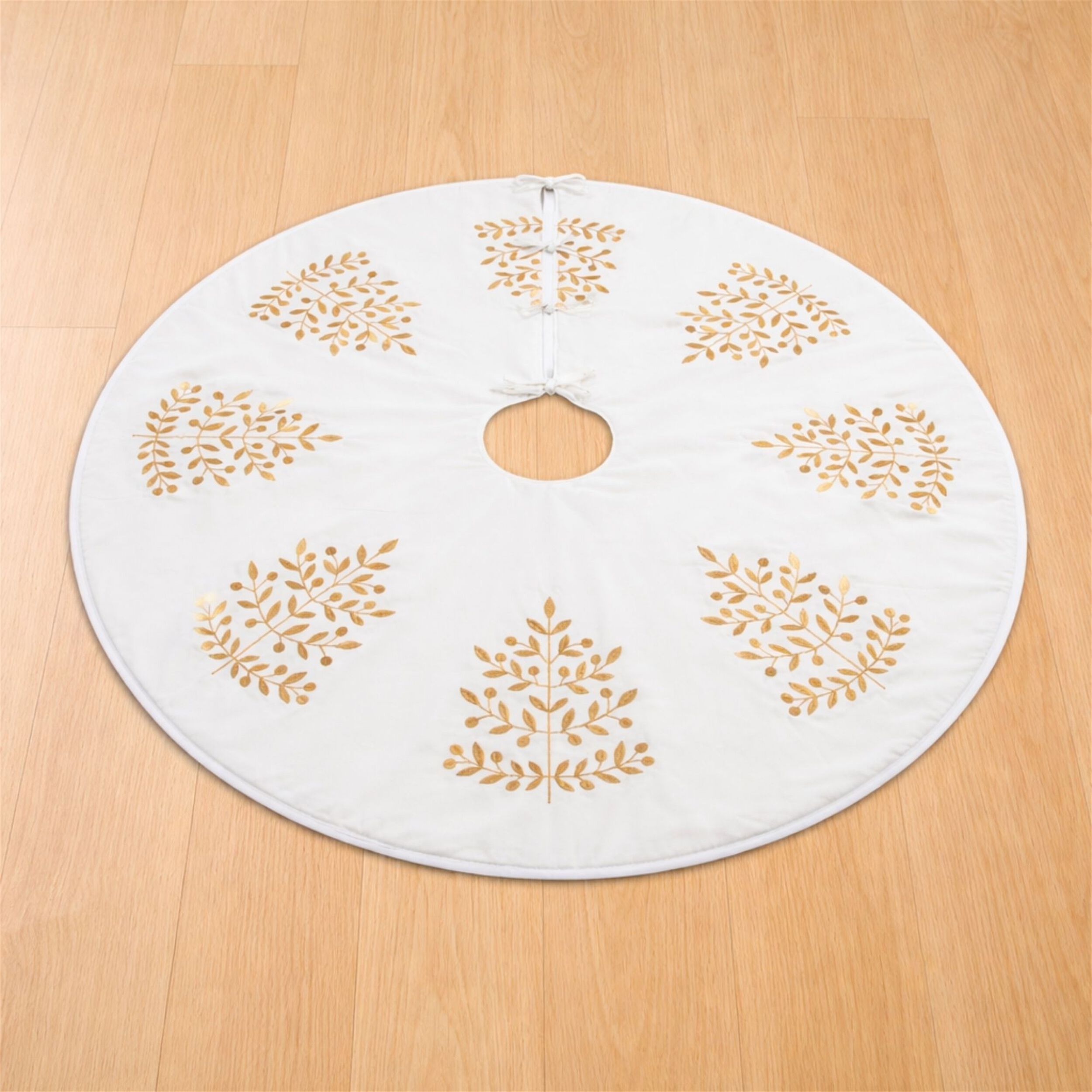 Metallic Leaf Christmas Tree Skirt 48 inchesD, WHITE GOLD, on-hover image number 1