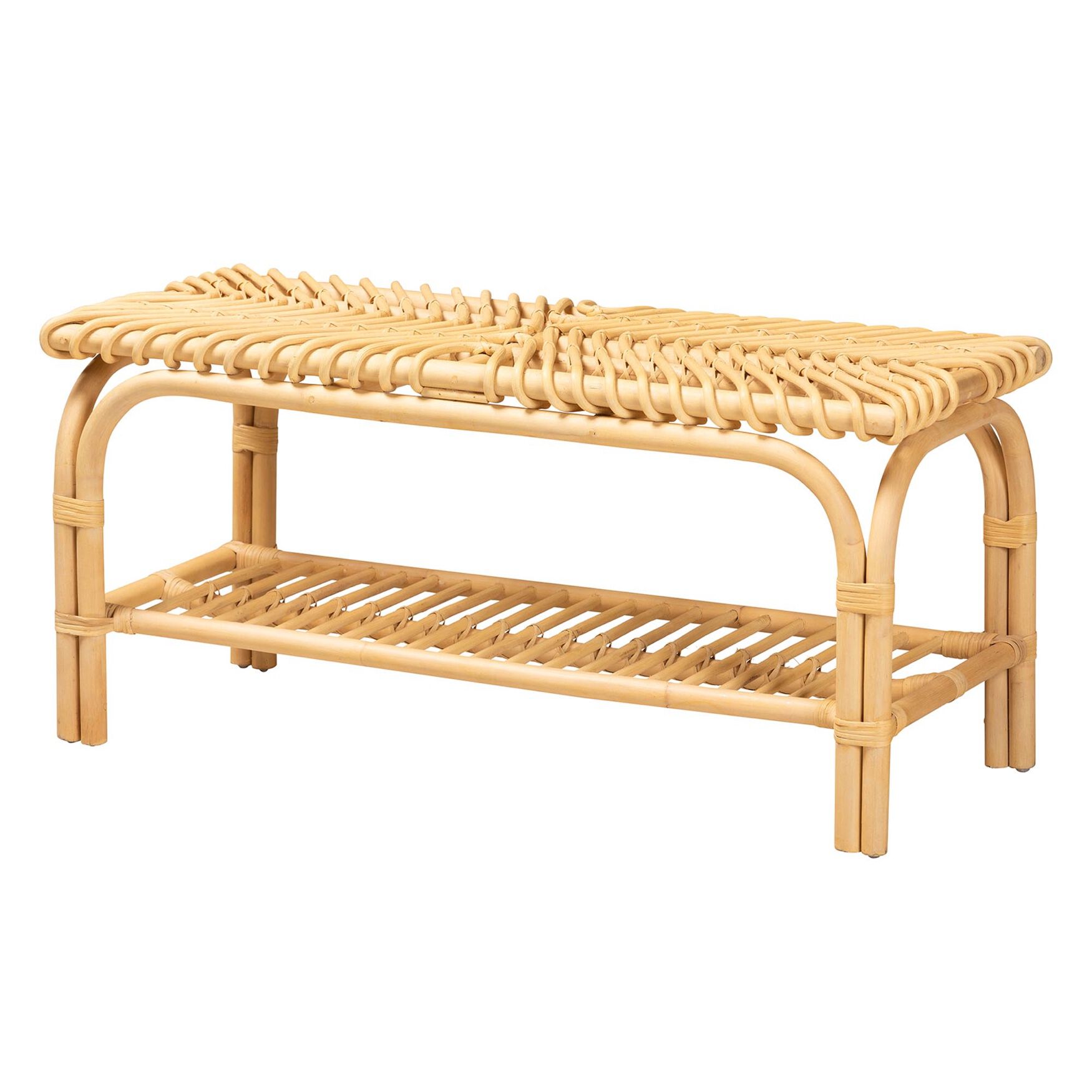 Himari Modern Bohemian Natural Brown Rattan Accent Bench, NATURAL BROWN RATTAN, hi-res image number 0