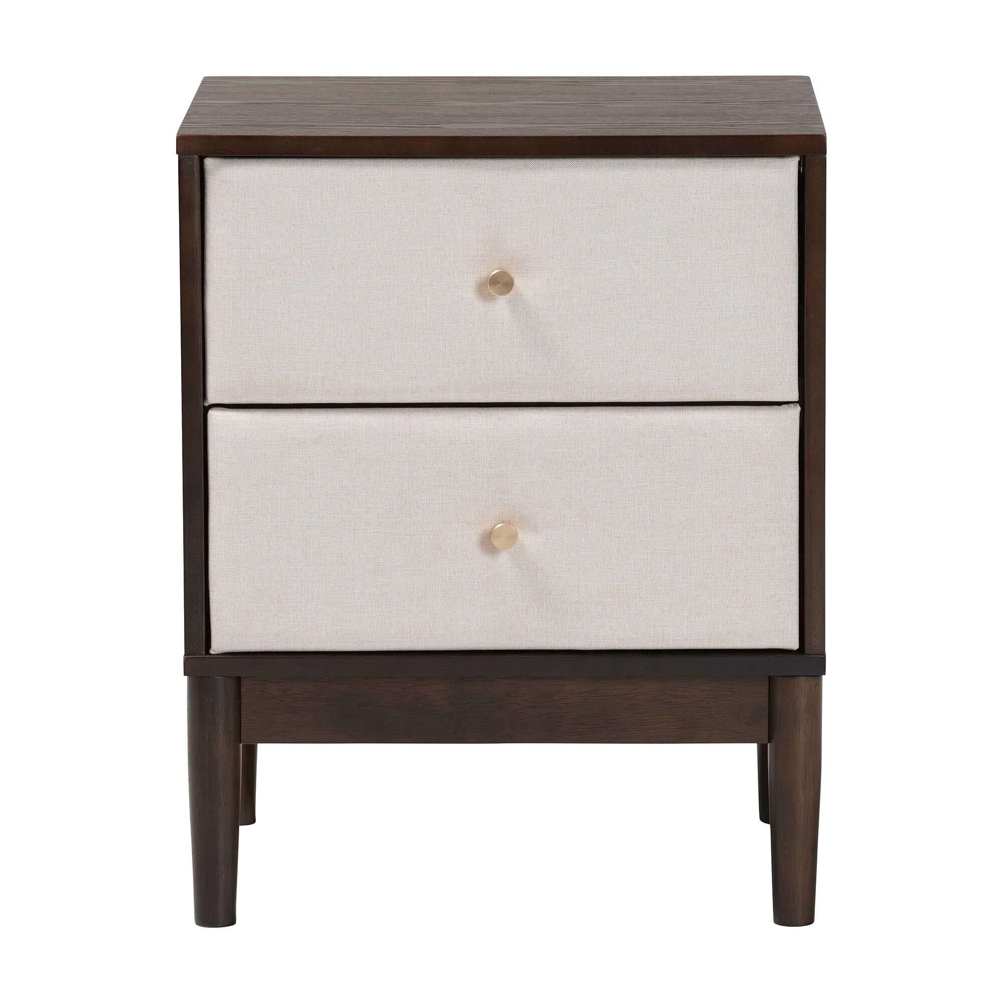 Nikolai Mid-Century Beige Fabric and Wenge Brown Wood 2-Drawer Nightstand, BEIGE, alternate image number 3