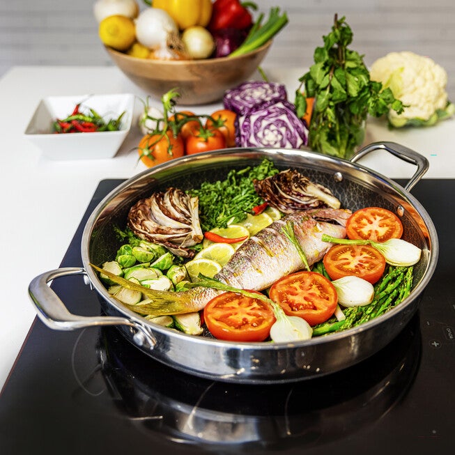 LIVWELL DiamondClad™ 14 inches Hybrid Nonstick Stainless Steel Everything Pan Set w/ Tempered Glass Lid, Dishwasher Safe, PFOA-free – Silver/Black, SILVER, alternate image number 6