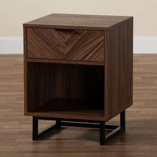Sadia Modern Walnut Brown Finished Wood And Black Metal 1-Drawer End Table, , alternate image number 8