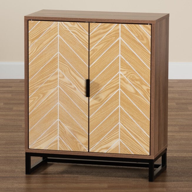 Josephine Mid-Century Modern Transitional Two-Tone Walnut And Natural Brown Finished Wood And Black Metal 2-Door Storage Cabinet, , alternate image number null