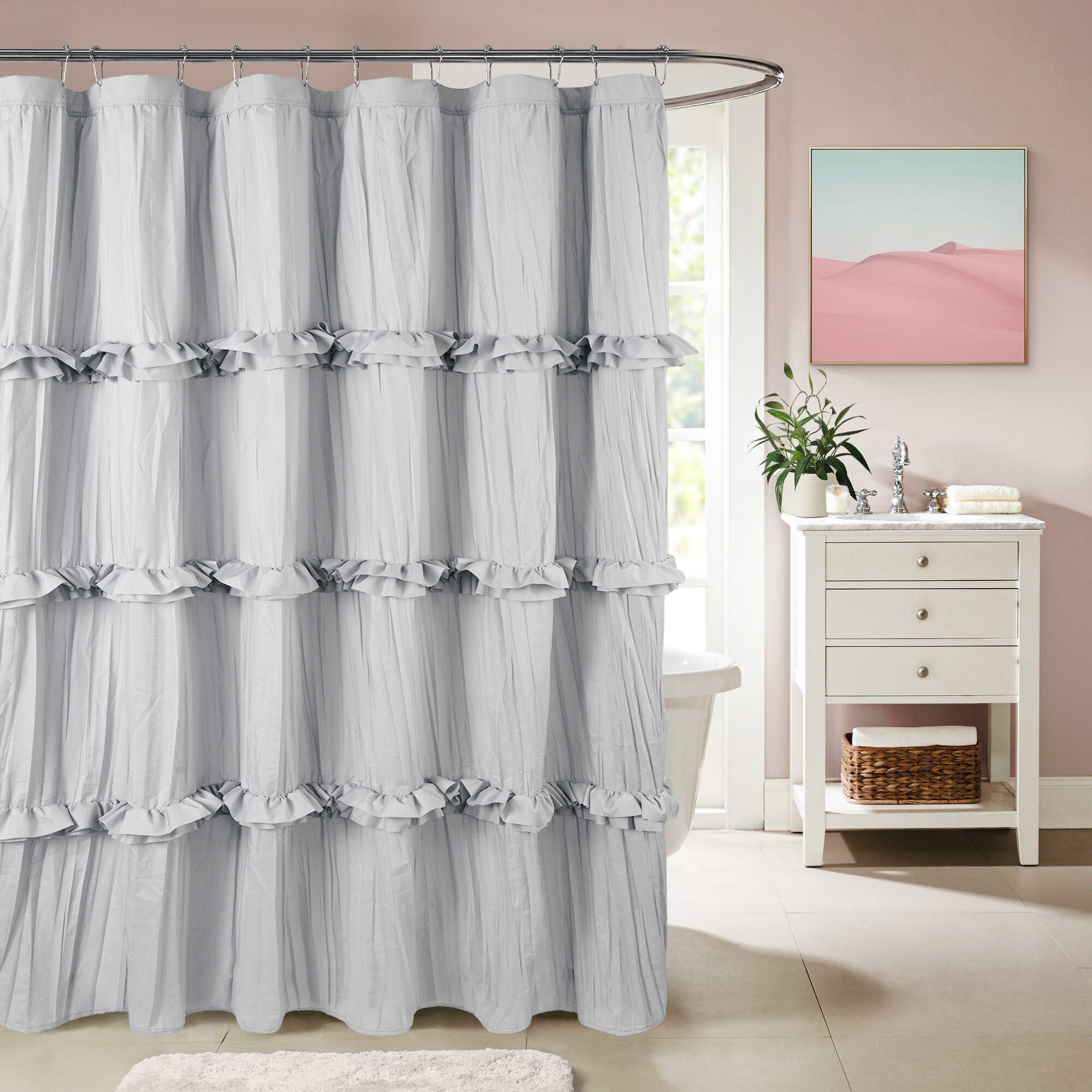 Recycled Ruffles and Pleats Shower Curtain, GRAY, hi-res image number 0