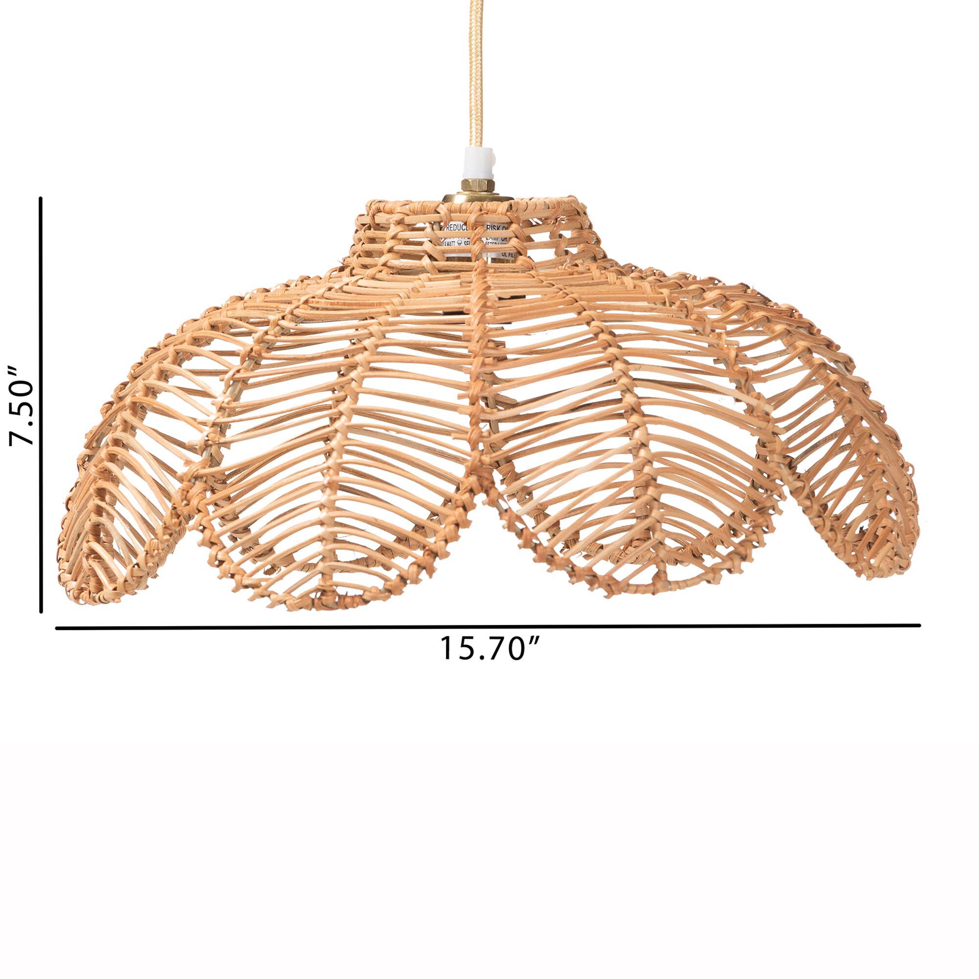 Neorah Natural Rattan Pendant Lampshade - Coastal Boho Ceiling Light Cover with Handcrafted Petal Shape, BROWN, alternate image number 3