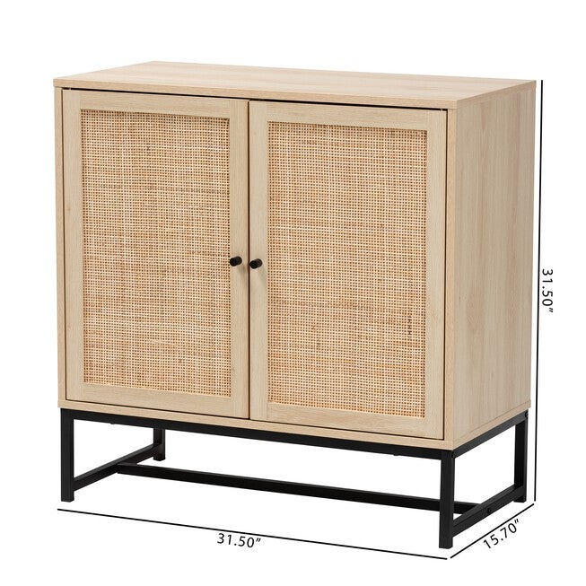 Caterina Mid-Century Modern Transitional Natural Brown Finished Wood And Natural Rattan 2-Door Storage Cabinet, , alternate image number null