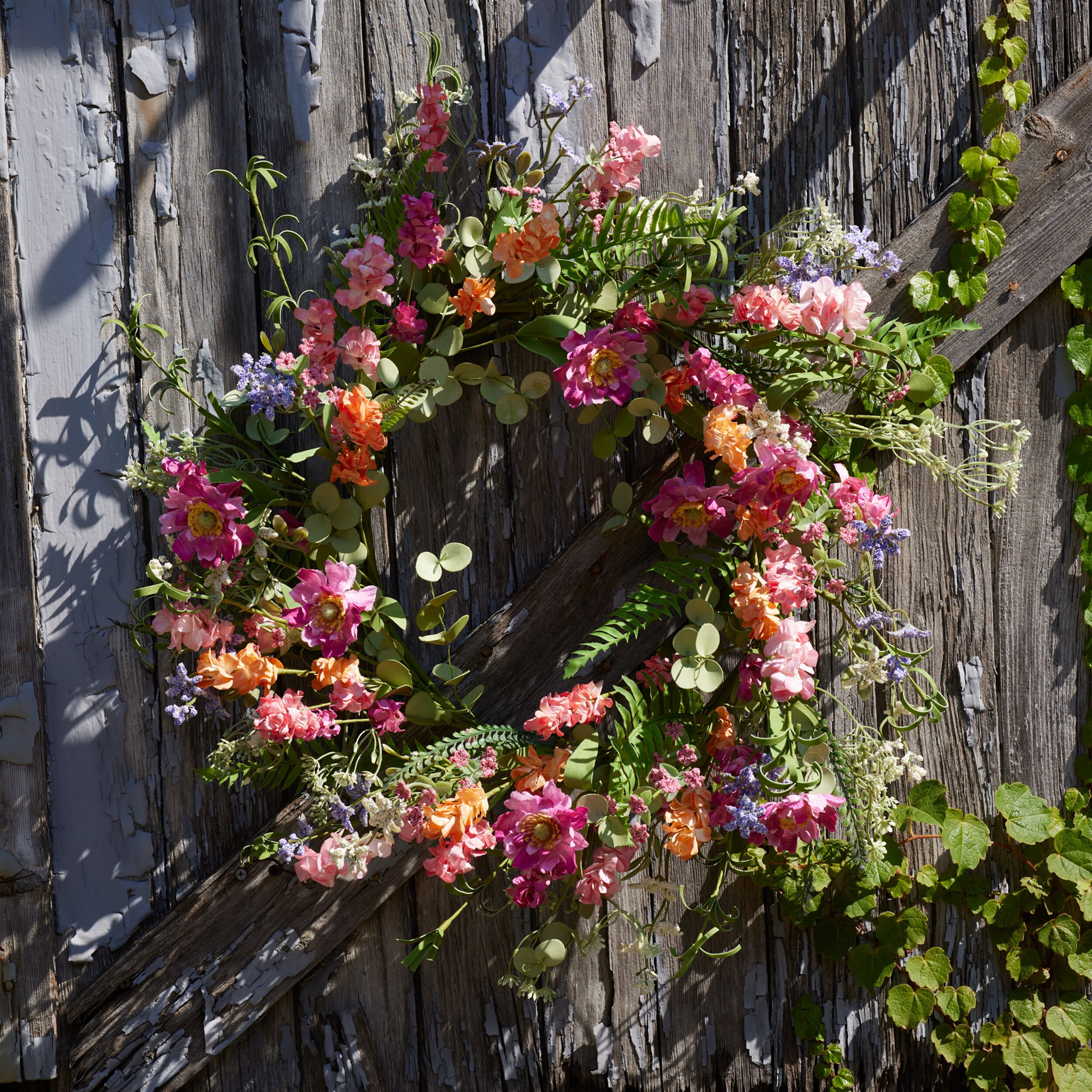 Mixed Floral and Foliage Wreath 20IND, PINK GREEN, alternate image number 1