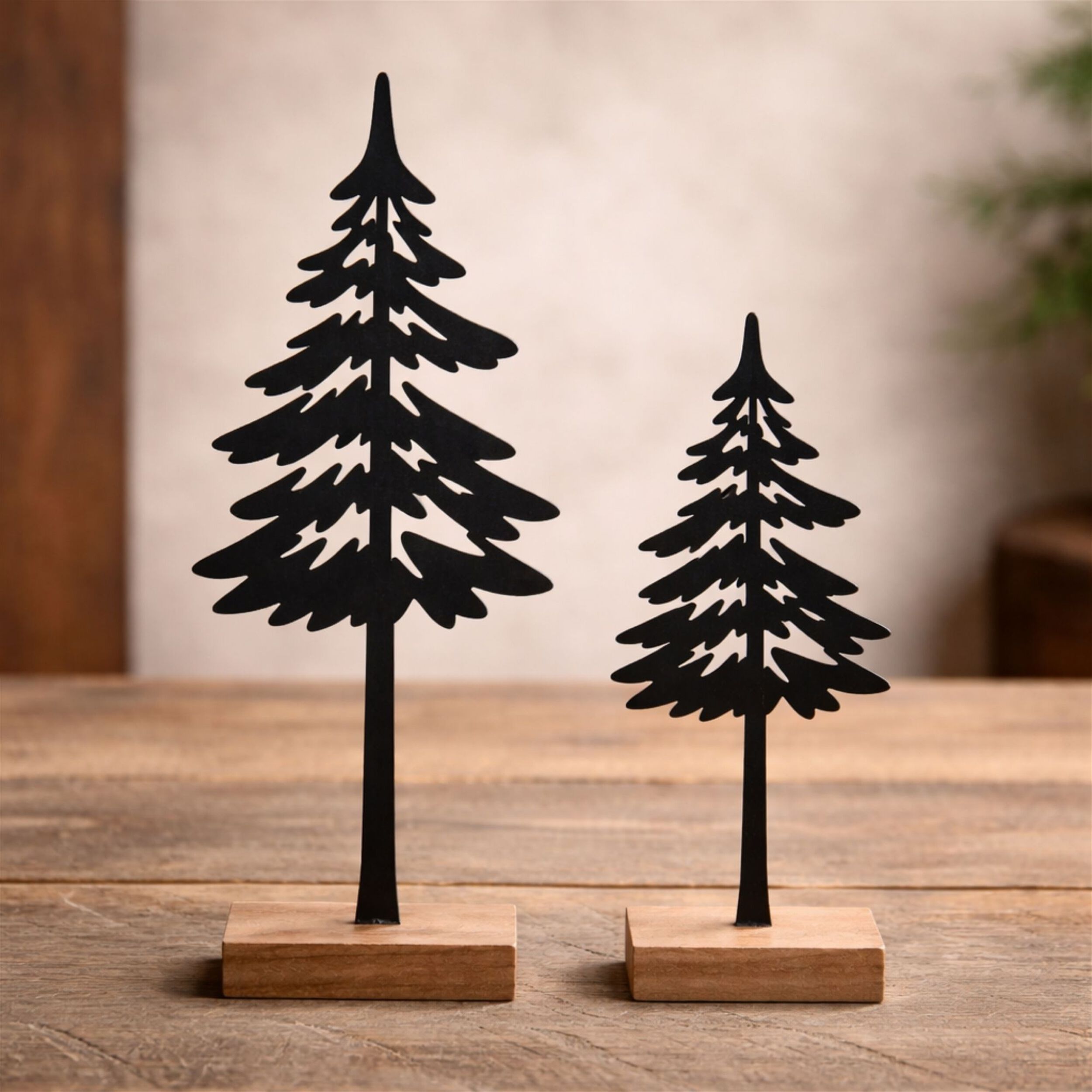Cut-Out Metal Pine Tree with Wood Base (Set of 2), BLACK BROWN, alternate image number 2