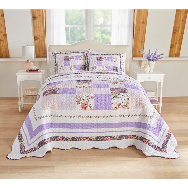 3-PC Lavender Floral Patchwork Bedspread Set, PURPLE MULTI, hi-res image number 0
