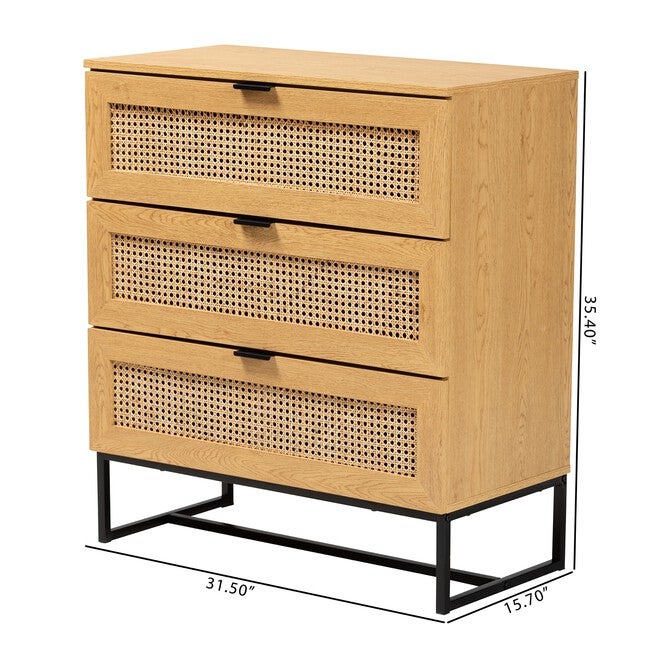 Sawyer Mid-Century Modern Industrial Oak Brown Finished Wood And Black Metal 3-Drawer Storage Cabinet With Natural Rattan, , alternate image number null