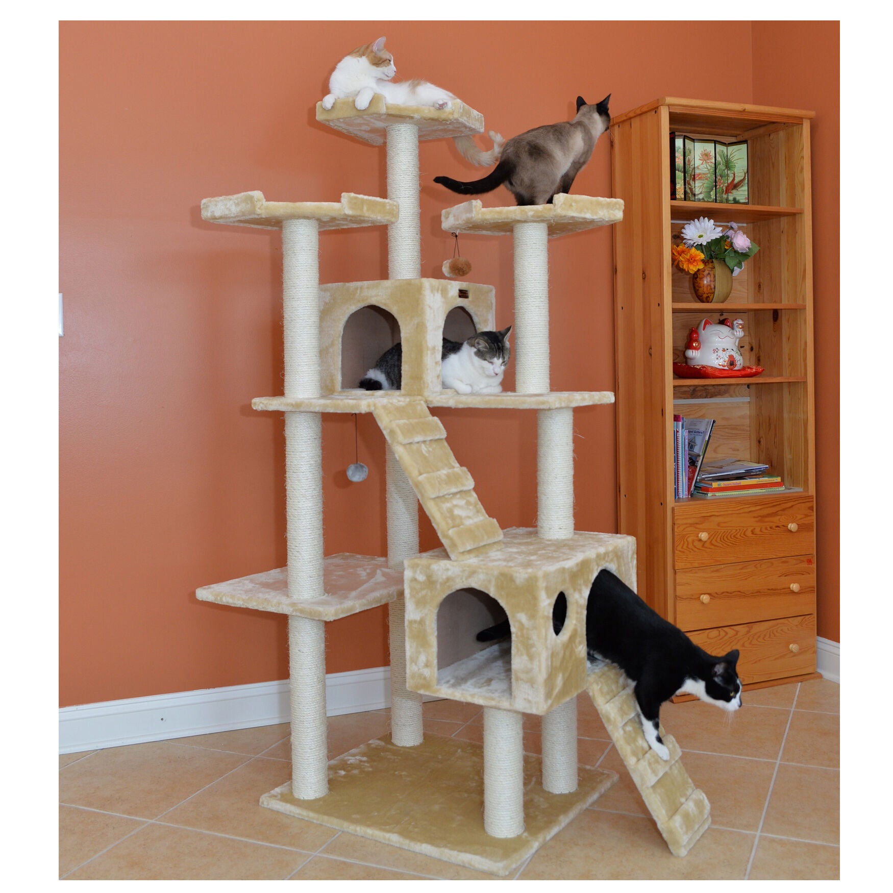 Multi-Level 74 inches Real Wood Cat Tree Play Furniture With Sratchhing Posts, Large Playforms, , alternate image number 2