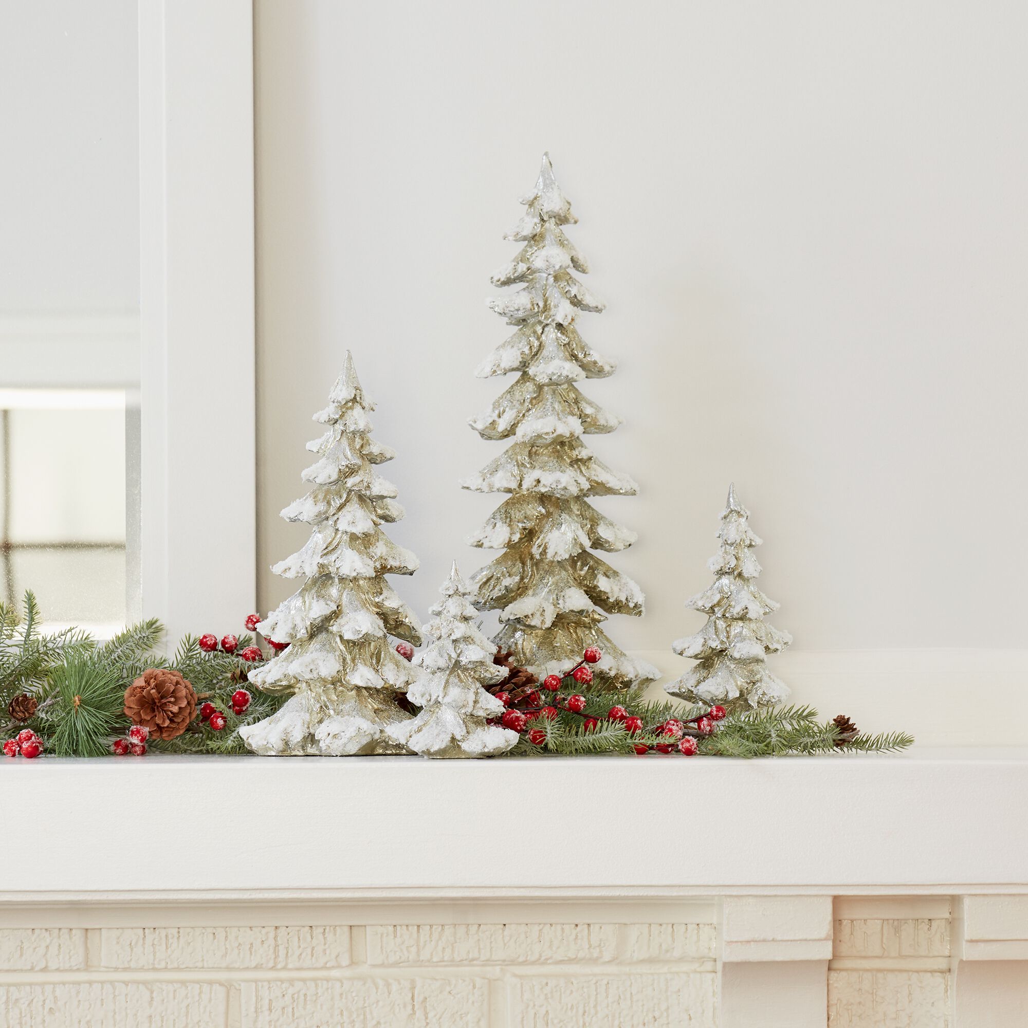 Green Flocked Pine Tree Decor (Set of 4), GREEN WHITE, alternate image number 2