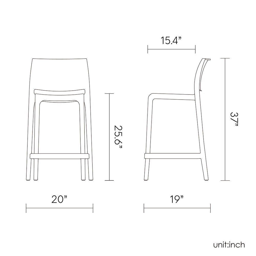 Line drawing size chart for Sensilla outdoor counter stools set of 2