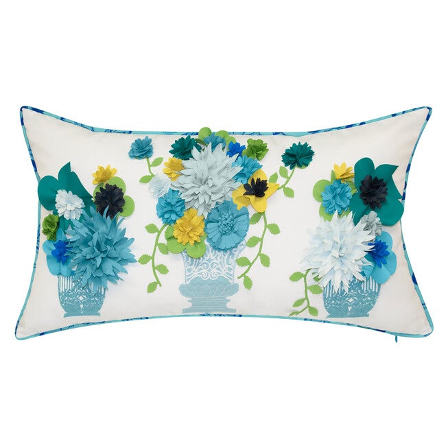 Indoor & Outdoor Flower Pots Dimensional Embroidered Lumbar Decorative Pillow, SKY, hi-res image number 0